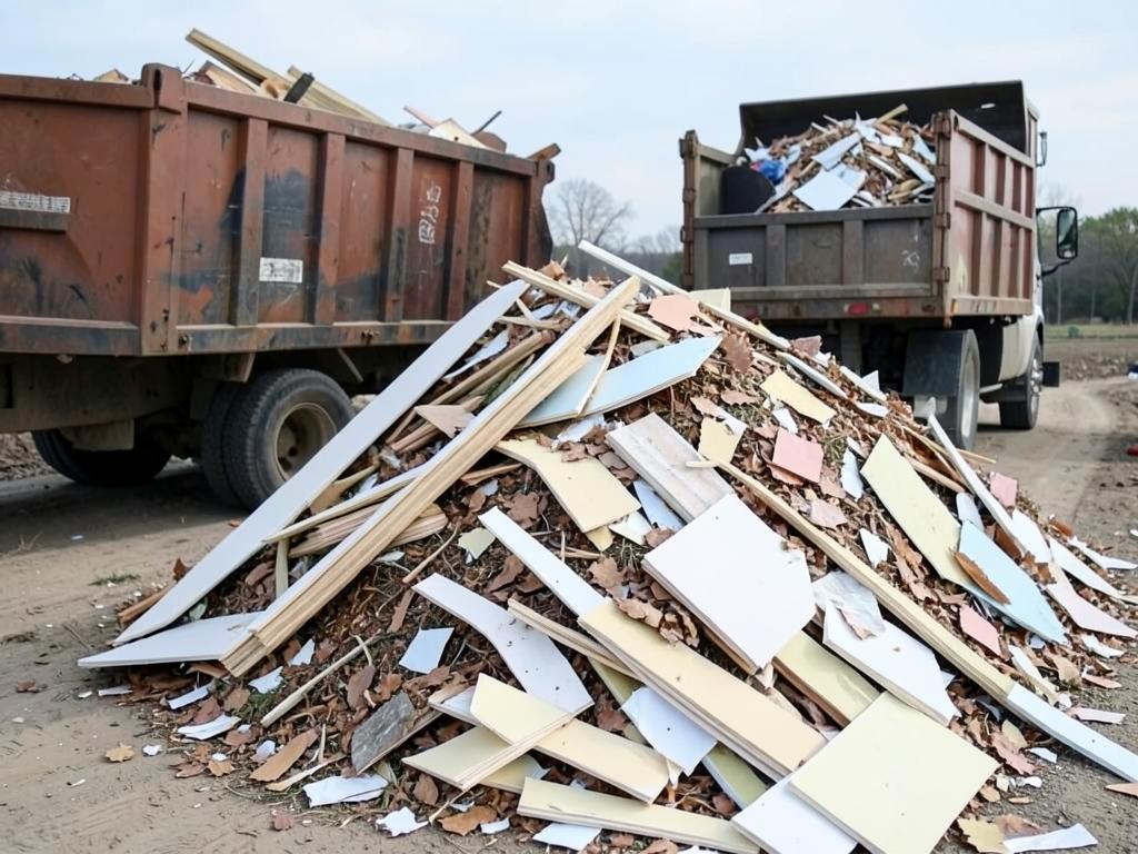 Pile of drywall and lumber debris being loaded into a dump truck
