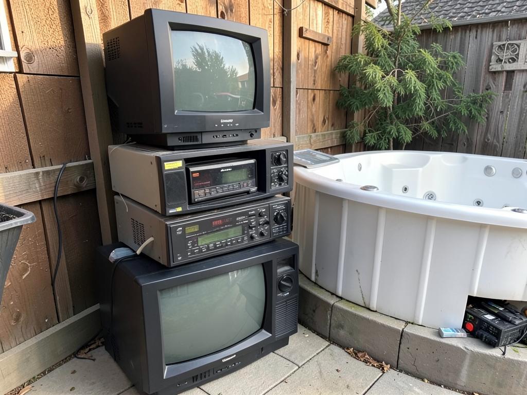 Stacked old televisions and electronics beside a hot tub awaiting removal